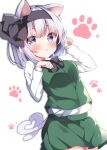  1girl :&lt; animal_ears bangs black_bow black_hairband black_ribbon blue_eyes blush bow breasts cat_day cat_ears cat_tail closed_mouth commentary_request cowboy_shot eyes_visible_through_hair green_skirt green_vest hair_between_eyes hair_ribbon hairband heart heart_tail highres konpaku_youmu long_sleeves looking_at_viewer miniskirt paw_pose paw_print paw_print_background ribbon shirotsuki_shirone shirt short_hair simple_background skirt small_breasts solo tail touhou vest white_background white_hair white_shirt 