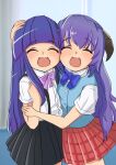  2girls :d ^_^ black_skirt blue_hair blue_sweater_vest blunt_bangs blush bow bowtie closed_eyes commentary cowboy_shot facing_viewer flat_chest furude_rika hair_between_eyes hand_up hanyuu happy headpat higurashi_no_naku_koro_ni hug long_hair miniskirt multiple_girls open_mouth pink_bow pink_bowtie plaid plaid_skirt pleated_skirt purple_hair red_skirt shirt short_sleeves side-by-side sidelocks skirt smile standing straight_hair sweater_vest symbol-only_commentary very_long_hair wavy_hair white_shirt z2tdrcyvvjjk0gl 