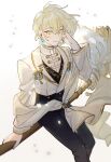  1boy black_pants black_vest blonde_hair blush broom broom_riding closed_mouth daodaobiubiu earrings formal green_eyes highres jacket jewelry mahoutsukai_no_yakusoku male_focus pants rutile_flores shirt short_hair sketch smile solo vest white_background white_jacket white_shirt 