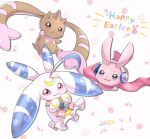  3others cutemon dated digimon easter english_text fang happy headphones highres looking_at_viewer lopmon lunamon moon multiple_others nagoshi no_humans rabbit simple_background smile white_background 