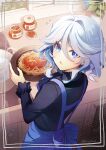  1girl :o ahoge apron black_shirt blue_apron blue_bow blue_hair bow commentary_request cooking crown_(symbol) food from_above from_behind furina_(genshin_impact) genshin_impact hair_between_eyes highres holding holding_food indoors kitchen long_sleeves looking_at_viewer looking_back open_mouth pasta rare_(user_vxhu8375) sauce shirt short_hair solo spaghetti twitter_username upper_body 