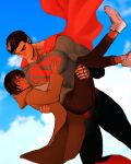  1boy 1girl berserk black_hair blue_sky cape carrying casca_(berserk) cloud cloudy_sky coat cosplay dark-skinned_female dark_skin dc_comics flying guts_(berserk) highres lois_lane lois_lane_(cosplay) my_adventures_with_superman nisino2222 one_eye_closed princess_carry shoes sky sneakers superman superman_(cosplay) superman_(series) 