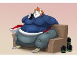 anthro biglovealicia blue_eyes canid canine canis clothed clothing drinking furniture hair hi_res male mammal morbidly_obese morbidly_obese_anthro morbidly_obese_male obese obese_anthro obese_male overweight overweight_anthro overweight_male red_hair sitting sofa solo weight_gain white_body wolf 