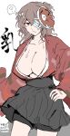  1girl ? ametsukana_yago bandage_over_one_eye black_hakama black_shorts breasts brown_hair closed_mouth commentary_request frown genderswap genderswap_(otf) hakama hakama_short_skirt hakama_skirt hand_on_own_hip hemo_(hemoroda) highres japanese_clothes kimono large_breasts len&#039;en long_hair long_sleeves mask mask_on_head polka_dot red_kimono shorts simple_background sketch skirt solo spoken_question_mark sweat translation_request white_background 