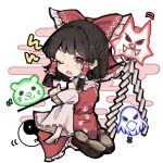  1girl bare_shoulders black_hair bow brown_eyes chibi d; detached_sleeves eagle_spirit_(touhou) frilled_bow frilled_hair_tubes frills full_body gohei hair_bow hair_tubes hakurei_reimu holding holding_stick long_sleeves looking_at_viewer looking_back medium_hair mouryou_(chimimouryou) one_eye_closed open_mouth otter_spirit_(touhou) paw_print red_bow sidelocks simple_background sitting skirt skirt_set solo stick touhou v-shaped_eyebrows wariza white_background wide_sleeves wily_beast_and_weakest_creature wolf_spirit_(touhou) 