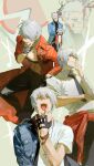  2boys absurdres belt_bra bishounen blue_coat blue_eyes brothers coat dante_(devil_may_cry) devil_may_cry_(series) devil_may_cry_3 earrings fingerless_gloves glasses gloves highres jacket jewelry kalina_ann_(weapon) kurukuru259 lip_piercing multiple_boys necktie piercing rebellion_(sword) red_coat siblings smile sword twins vergil_(devil_may_cry) weapon white_hair 