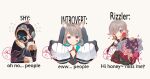  1girl 2boys absurdres animal_ears aqua_hair black_gloves black_headwear bouquet bow bowtie brother_and_sister cat_ears cat_girl comparison difference_between_shy_and_introvert_(meme) double_middle_finger english_text facial_mark finger_to_mouth flower freminet_(genshin_impact) genshin_impact gloves grey_hair hat highres holding holding_bouquet long_sleeves looking_at_viewer lynette_(genshin_impact) lyney_(genshin_impact) meme middle_finger multicolored_hair multiple_boys one_eye_closed pink_bow pink_bowtie pink_flower pink_rose purple_eyes red_flower red_rose rose short_hair shushing shy siblings simple_background star_(symbol) star_facial_mark star_tattoo streaked_hair tattoo teardrop_facial_mark teardrop_tattoo top_hat two-tone_gloves unamused white_background white_gloves yamiescupid 
