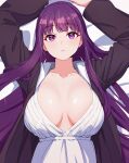  1girl arms_up black_coat breasts buttons cleavage coat collarbone dress fern_(sousou_no_frieren) highres kamidan large_breasts long_hair long_sleeves looking_at_viewer lying no_bra on_back on_bed purple_eyes purple_hair solo sousou_no_frieren white_dress 