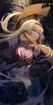  1girl alternate_costume black_gloves blonde_hair breasts cleavage dark-skinned_female dark_skin dress elbow_gloves fingerless_gloves fire_emblem fire_emblem:_the_binding_blade fire_emblem_heroes gloves highres igrene_(fire_emblem) igrene_(ninja)_(fire_emblem) kunai large_breasts long_hair mole mole_under_eye niac ninja red_dress solo thighs weapon yellow_eyes 