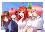  5girls ahoge black_ribbon blue_background blue_eyes blue_track_suit blunt_bangs blush breasts butterfly_hair_ornament closed_mouth commentary_request double-parted_bangs eyebrows_hidden_by_hair eyelashes from_side frown furrowed_brow go-toubun_no_hanayome green_ribbon gym_uniform hair_between_eyes hair_ornament hair_over_one_eye hair_ribbon highres hug hug_from_behind large_breasts long_hair long_sleeves looking_at_another mame1645 medium_hair multiple_girls nakano_ichika nakano_itsuki nakano_miku nakano_nino nakano_yotsuba one_eye_covered open_mouth orange_hair pink_hair profile quintuplets red_hair ribbon shirt short_hair short_sleeves siblings side-by-side sidelocks simple_background sisters smile star_(symbol) star_hair_ornament straight_hair two_side_up upper_body white_shirt 