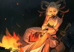  1girl ambience_synesthesia animal_ears arknights book bracelet breasts campfire carnelian_(arknights) cleavage crossed_legs dark-skinned_female dark_skin haidan_uniiii hairband holding holding_book horns jewelry midriff necklace night red_eyes see-through see-through_legwear sitting sword weapon white_hair 