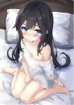  1girl asashio_(kancolle) ayamiyuki bare_legs barefoot bed between_legs black_hair blue_eyes blush closed_mouth collarbone embarrassed flat_chest from_above full_body hair_between_eyes hand_between_legs highres kantai_collection long_hair looking_at_viewer looking_up naked_shirt nipple_slip nipples off-shoulder_shirt off_shoulder on_bed pillow shirt sitting solo sweatdrop wariza white_shirt 