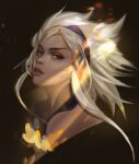  1girl alternate_hair_color battle_queen_rell black_background chuanchuancc dark-skinned_female dark_skin highres league_of_legends light looking_at_viewer medium_hair parted_lips purple_eyes rell_(league_of_legends) sidelocks solo upper_body white_hair 