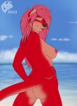  2023 5_fingers anthro areola beach black_nose blep blue_eyes breasts butt cheyanne_matoka digital_media_(artwork) female fingers flat_colors fur ghostwolf hair hands_on_hips hands_on_own_hips humanoid_hands long_hair looking_at_viewer looking_back looking_back_at_viewer mammal mustelid nipples nude one_eye_closed otter outdoor_nudity outside pink_areola pink_hair pink_nipples rear_view red_body red_fur sand sea sea_otter seaside signature smile solo tongue tongue_out water 
