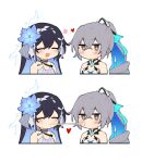  2girls :d armor bare_shoulders blush breasts bronya_zaychik bronya_zaychik_(herrscher_of_truth) chibi closed_mouth colored_inner_hair commentary couple dress drill_hair flower grey_eyes grey_hair hair_flower hair_ornament happy heart high_ponytail highres honkai_(series) honkai_impact_3rd kiss looking_at_viewer multicolored_hair multiple_girls natsuki_(2917) no_mouth open_mouth parody ponytail seele_vollerei seele_vollerei_(herrscher_of_rebirth) simple_background single_drill small_breasts smile symbol-only_commentary upper_body white_armor white_background white_dress yuri 