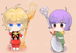  2boys ahoge belt blonde_hair blue_eyes boots brown_background brown_eyes char_aznable chibi closed_mouth colored_eyelashes dot_mouth epaulettes expressionless fork full_body garma_zabi gloves green_footwear green_jacket green_pants gundam hand_on_own_face holding holding_fork holding_spoon jacket long_sleeves looking_at_viewer male_focus meiko_(hishi) messy_hair military_uniform mobile_suit_gundam multiple_boys oversized_object pants purple_hair red_jacket red_pants short_hair simple_background smile sparkle spoon standing uniform white_belt white_footwear white_gloves 