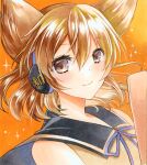  1girl black_sailor_collar brown_eyes brown_hair commentary_request earmuffs highres marker_(medium) medium_hair orange_background pointy_hair portrait ritual_baton sailor_collar shirt sleeveless sleeveless_shirt solo sparkle suzu_(o_o1219) touhou toyosatomimi_no_miko traditional_media 