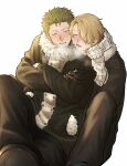  2boys black_gloves black_pants blonde_hair blush breath checkered_clothes checkered_scarf chimaaa333 closed_eyes crossed_arms facial_hair figure_four_sitting fur-trimmed_jacket fur_trim gloves green_hair hair_over_one_eye highres jacket looking_at_another male_focus multiple_boys one_eye_closed one_piece open_mouth pants roronoa_zoro sanji_(one_piece) scarf short_hair sitting_between_lap sleeping sleeping_on_person white_background yaoi 