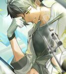  1boy arknights black_hair black_shirt blurry blurry_background close-up dappled_sunlight dark_skin earrings from_side gloves grin jacket jewelry long_sleeves looking_down midriff_peek open_clothes open_jacket portrait shirt shokuen_(oxstl) short_hair sitting smile solo sunlight thorns_(arknights) very_short_hair vial white_gloves white_jacket yellow_eyes 