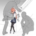  1girl 2boys absurdres against_wall age_difference blue_eyes bullying empty_eyes faceless faceless_male greyscale hand_on_railing highres hitting kneeing knees_together_feet_apart komaro-chan laughing long_hair mary_janes monochrome muchi_maro multiple_boys open_mouth orange_hair pantyhose ryona sailor_collar saliva saliva_trail school school_uniform seitokai_nimo_anawa_aru! shoes sidelocks sitting sitting_on_stairs size_difference smile speech_bubble spot_color stairs standing standing_on_one_leg tongue tongue_out translation_request 