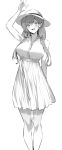  1girl armpits bare_shoulders breasts collarbone dress greyscale hand_up hat highres hiiragi_yuuichi large_breasts long_hair monochrome open_mouth original partially_unbuttoned sleeveless sleeveless_dress solo sun_hat sundress 