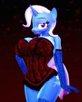  2022 3d_(artwork) abstract_background anthro anthrofied armwear big_breasts blue_body blue_fur breasts cleavage clothed clothing corset curvaceous curvy_figure cutie_mark digital_media_(artwork) elbow_gloves equid equine eyelashes female fingers fluffy fluffy_tail friendship_is_magic fur gloves hair handwear hasbro hi_res horn legwear lingerie long_tail looking_at_viewer mammal my_little_pony panties pink_eyes red_background simple_background skimpy smile solo source_filmmaker tail teeth themanwithaquest thick_thighs thigh_highs topwear trixie_(mlp) underwear unicorn voluptuous white_hair white_tail wide_hips 
