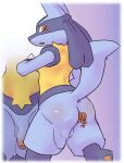  anthro balls blue_body blush butt foreskin generation_4_pokemon genitals hi_res humanoid_genitalia humanoid_penis looking_at_viewer lucario male nintendo object_in_ass open_mouth penis pokemon pokemon_(species) pu_sukebe red_eyes simple_background solo yellow_body 