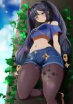  1girl against_wall alternate_costume black_choker black_hair blue_shorts blue_sky breasts brown_pantyhose choker closed_mouth crop_top crop_top_overhang denim denim_shorts from_below genshin_impact green_eyes highres leaf looking_at_viewer looking_down midriff mona_(genshin_impact) navel off-shoulder_shirt off_shoulder pantyhose shirt short_shorts shorts sky solo stomach twintails yuzu_kiro 