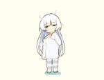  1girl alternate_costume black_eyes kantai_collection long_hair messy_hair pants saiguchi_otoufu shirakumo_(kancolle) simple_background sleepwear solo striped striped_pants sweater tank_top white_background white_hair white_pants white_sweater white_tank_top 