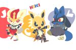  +_+ 3boys :&gt; animal_ears animal_hands animal_nose artist_name black_fur black_hakama black_jacket black_pants black_sclera blue_fur body_fur chibi cinderace closed_mouth clothed_pokemon colored_sclera commentary_request dog_tags fang flame_print full_body furry furry_male green_kimono grey_shirt hakama happy initial jacket japanese_clothes jewelry jolteon kiki_(431642) kimono kneehighs leg_up looking_at_viewer lucario male_focus multicolored_footwear multiple_boys necklace no_lineart open_clothes open_jacket open_mouth pants personification pokemon pokemon_(creature) punk rabbit_boy rabbit_ears rabbit_tail red_eyes red_hair red_shorts shirt shoes short_hair shorts sideways_mouth signature smile snout socks spiked_hair spikes standing standing_on_one_leg tail torn_clothes torn_pants two-tone_fur white_background white_eyes white_fur white_hair white_jacket white_shirt white_socks wolf_boy wolf_ears wolf_tail yellow_fur 