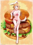  1girl absurdres american_flag_bikini animal_ears bikini blonde_hair blue_eyes blush breasts burger charlotte_e._yeager cleavage flag_print food full_body highres hiroshi_(hunter-of-kct) large_breasts long_hair looking_at_viewer open_mouth rabbit_ears rabbit_girl signature solo strike_witches swimsuit tail twitter_username untied_bikini world_witches_series 