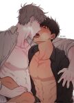  2boys abs arm_hug bishounen black_hair brown_hair closed_eyes french_kiss highres ilay_riegrow jeong_taeui kiss male_focus multiple_boys o_ssion passion_(manhwa) pectorals saliva simple_background white_background white_hair yaoi 