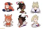  3boys 3girls :d ahoge animal_ears ascot black_choker black_hair blonde_hair blue_eyes brother_and_sister bunet_(fire_emblem) choker commentary_request dark_skin fire_emblem fire_emblem_engage fogado_(fire_emblem) fox_ears fur_trim hahm0106 hair_between_eyes highres jewelry kemonomimi_mode long_hair merrin_(fire_emblem) multiple_boys multiple_girls neck_ring necklace open_mouth orange_hair pandreo_(fire_emblem) panette_(fire_emblem) shirt siblings simple_background smile timerra_(fire_emblem) v-shaped_eyebrows white_ascot white_background white_shirt yellow_eyes 