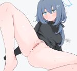  1girl ass blue_eyes blue_hair blush breasts censored character_request dilation_tape female_pubic_hair long_hair looking_at_viewer mikozin original pubic_hair pussy simple_background solo spread_legs spread_pussy sweater tape tape_on_pussy turtleneck turtleneck_sweater 