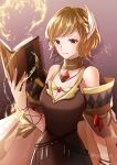  1girl bare_shoulders blonde_hair blush book breasts brown_dress citrinne_(fire_emblem) cleavage collarbone commentary_request dress earrings electricity fire_emblem fire_emblem_engage grey_background hand_up highres holding holding_book jewelry looking_at_viewer medium_breasts neck_ring red_eyes short_hair smile solo swept_bangs upper_body wing_hair_ornament yutohiroya 