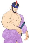  1boy :/ abs alternate_costume bara bare_pectorals beard broken_horn demon_boy demon_horns facial_hair feet_out_of_frame glaring hadanugi_dousa headband highres horns japanese_clothes kansuke_(kansuke_717) kimono large_pectorals live_a_hero looking_to_the_side male_focus mature_male muscular muscular_male nessen_(live_a_hero) nipples pectorals purple_kimono red_eyes samurai sheath sheathed short_hair single_bare_shoulder solo 