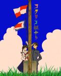  1boy 1girl ascot black_jacket black_pants blue_skirt blue_sky braid brown_hair cloud copyright_name flag flagpole higure_machiko jacket jaggy_lines kazama_shun kokurikozaka_kara komatsuzaki_umi long_skirt long_sleeves on_grass pants red_ascot salute school_uniform serafuku shirt skirt sky translated twin_braids white_shirt 