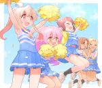  5girls :d ahoge arm_up armpits arms_up bare_arms bare_legs bare_shoulders black_socks blonde_hair blue_shirt blue_skirt blue_sky brown_eyes brown_hair cheerleader closed_eyes cloud commentary confetti eyes_visible_through_hair highres holding_hands interlocked_fingers jumping kyarahiba long_hair looking_away multiple_girls nagase_miyako onii-chan_wa_oshimai! open_mouth oyama_mahiro pink_hair pleated_skirt pom_pom_(cheerleading) ponytail shiina_minori shirt short_hair sidelocks skirt sky sleeveless sleeveless_shirt smile socks takada_satsuki twintails two_side_up yasaka_mai yellow_eyes 