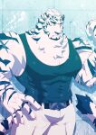  1boy animal_ears arknights bara black_tank_top blue_eyes facial_hair frown furry furry_male goatee highres large_hands large_pectorals looking_ahead male_focus mountain_(arknights) muscular muscular_male pants pectoral_cleavage pectorals scar scar_across_eye scar_on_arm short_hair solo tail tank_top thick_eyebrows tiger_boy tiger_ears tiger_tail toji_kun white_hair white_pants 