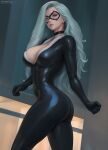  1girl ass black_bodysuit black_cat_(marvel) blue_eyes bodysuit breasts cleavage collar domino_mask felicia_hardy flowerxl hair_between_eyes large_breasts long_hair looking_at_viewer marvel mask open_mouth skin_tight standing thighs white_hair 