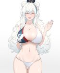  1girl absurdres animal_ears arknights baron_kinoko bear_ears bear_girl blue_hair breasts cleavage closed_eyes embarrassed highres large_breasts long_hair multicolored_hair navel nervous_smile nervous_sweating open_mouth red_hair rosa_(arknights) smile solo standing sweat waving white_fur white_hair 