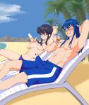 1boy 1girl absurdres assertive_female bad_source beach bikini bikini_pull bikini_top_lift black_hair blue_hair blush breasts bulge chair clothes_lift clothes_pull come_hither commission commissioner_upload couple crushing day drinking_straw dripping erection erection_under_clothes eye_contact fire_emblem fire_emblem:_genealogy_of_the_holy_war fire_emblem_heroes food hair_down headband highres holding holding_food holding_popsicle ice_cream juice_box larcei_(fire_emblem) lifted_by_self looking_at_another lounge_chair lying male_swimwear melting naughty_face navel nervous nervous_sweating nipples ocean open_mouth palm_tree popsicle presenting rs40uchiha seductive_smile seliph_(fire_emblem) sexually_suggestive smile smug summer sweat swim_trunks swimsuit tomboy tree 