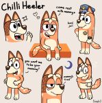  &lt;3 2023 absurd_res annoyed anthro australian_cattle_dog bluey_(series) blush canid canine canis cattledog chilli_heeler clock clothing dialogue domestic_dog english_text female fur half-closed_eyes hand_on_arm hand_on_hip hat headgear headwear herding_dog hi_res looking_at_viewer mammal mommy_kink narrowed_eyes pastoral_dog police_badge police_hat simple_background sindr1 sitting standing text tired tired_eyes watch 