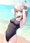  1girl animal_ear_fluff animal_ears beach black_one-piece_swimsuit blue_archive blue_eyes blue_sky breasts competition_swimsuit covered_navel cowboy_shot cross_hair_ornament day extra_ears grey_hair hair_ornament halo highres holding holding_hair horizon low_ponytail medium_breasts medium_hair mismatched_pupils mouth_hold multicolored_clothes multicolored_swimsuit ocean official_alternate_costume one-piece_swimsuit outdoors rubber_band shiroko_(blue_archive) shiroko_(swimsuit)_(blue_archive) sky solo soranocha swimsuit wolf_ears 