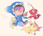  1boy alien animal_ear_hood belt belt_buckle big_nose biolizardboils black_eyes blue_belt blue_hood blue_jumpsuit brown_hair buckle buttons cape character_name closed_eyes cosplay dragon english_commentary flower frown gear_print gloves hood hood_up jumpsuit kirby_(series) landia landia_(cosplay) leaf magolor magolor_(cosplay) nostrils olimar open_mouth pikmin_(series) pointing pointing_forward red_pikmin short_hair spacesuit striped_horns super_smash_bros. very_short_hair white_cape white_flower yellow_background yellow_gloves yellow_horns yellow_pikmin 