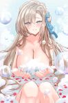  1girl asuna_(blue_archive) asymmetrical_bangs bathing bathtub blue_archive blush breasts bubble cleavage completely_nude fingernails hair_over_one_eye highres huge_breasts kaji_zarame knees_up light_brown_hair looking_at_viewer mole mole_on_breast nail_polish nude petals petals_on_liquid solo 