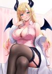  1girl black_horns blonde_hair blue_eyes breast_tattoo breasts cleavage cleavage_cutout clothing_cutout cross-laced_clothes cross-laced_legwear crossed_legs demon_girl demon_horns finger_to_mouth highres hololive horns kotone_neruneru lab_coat large_breasts licking_lips long_hair looking_at_viewer pointy_ears skirt solo tattoo thighhighs tongue tongue_out virtual_youtuber winged_heart wings yuzuki_choco 