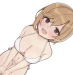  1girl aa211108 aiba_yumi bikini blush breasts cleavage collarbone dutch_angle hands_on_own_thighs idolmaster idolmaster_cinderella_girls large_breasts light_brown_hair navel short_hair side-tie_bikini_bottom simple_background smile solo swimsuit white_background white_bikini 