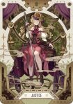  achan_(blue_semi) audrey_hall bare_shoulders blonde_hair closed_eyes dress flower gears highres holding holding_sword holding_weapon justice_(tarot) long_hair lord_of_the_mysteries official_art red_dress strapless strapless_dress sunflower sword tarot tarot_(card) weapon weighing_scale 