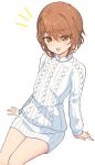  1girl aran_sweater blush brown_eyes brown_hair cable_knit commentary_request highres kinuhata_saiai kuronoya50 looking_at_viewer open_mouth short_hair simple_background sitting smile solo sweater swept_bangs toaru_majutsu_no_index white_background white_sweater 